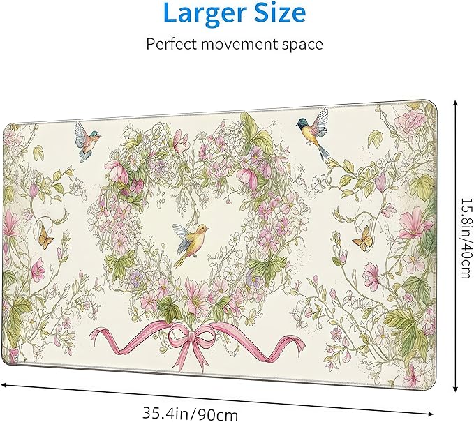 Floral Heart Pattern XXL Mouse Pad, Desk Mat with Non-Slip Base, Pink Keyboard Mat with Stitched Edges 35 x 15.8 inches
