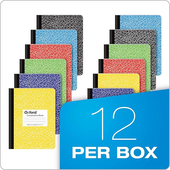 Oxford Composition Notebooks, Wide Ruled Paper, 9-3/4" x 7-1/2", Assorted Marble Covers, 100 Sheets, 12 per Pack, Colors May Vary (63794)
