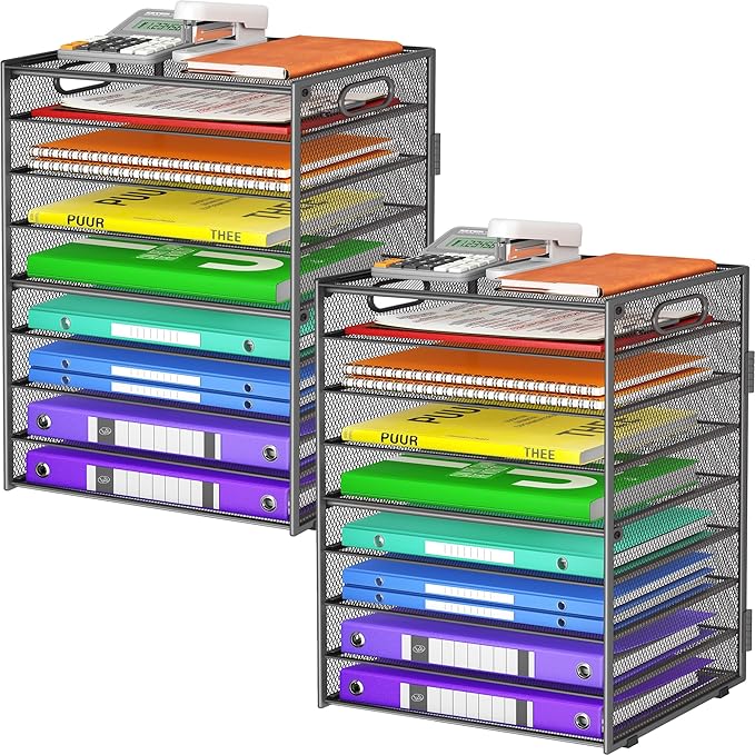 9 Tier Paper Organizer with Handle, Large Capacity Desk Organizer Mesh Paper Letter Tray File Folder Document Sorter for Classroom and Office Accessories Organization- Grey (2 Pack)