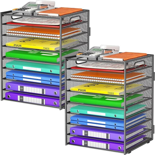 9 Tier Paper Organizer with Handle, Large Capacity Desk Organizer Mesh Paper Letter Tray File Folder Document Sorter for Classroom and Office Accessories Organization- Grey (2 Pack)