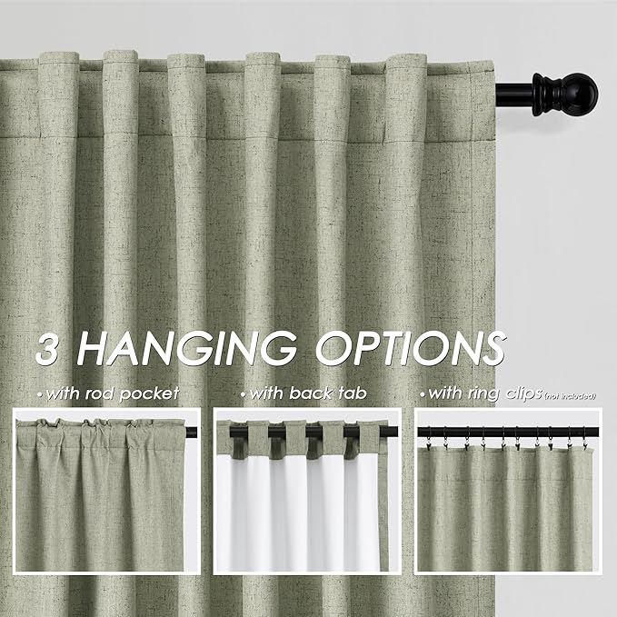 100% Blackout Linen Curtains 102 Inches Long 2 Panels Set for Bedroom Sage Green Back Tab Black Out Curtain Modern Urban Noise Cancelling Total Light Blocking Window Curtains 102 Length 52X102
