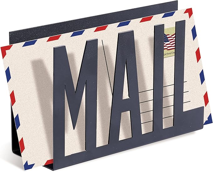 MyGift Modern Black Metal Mail Holder Countertop Organizer with Cutout Mail Lettering Design, Office Desktop Envelope and Document Storage Rack