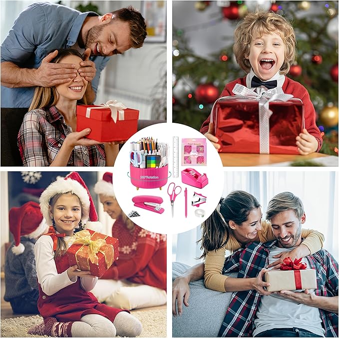 Hot Pink Desk Accessories, Hot Pink Office Supplies 360°Pen Holder Desk Organizers and Accessories with Tape Dispenser, Stapler, Staple Remover, 1000 Staples, Tape, Clips Set, Ruler, Scissor, Pen