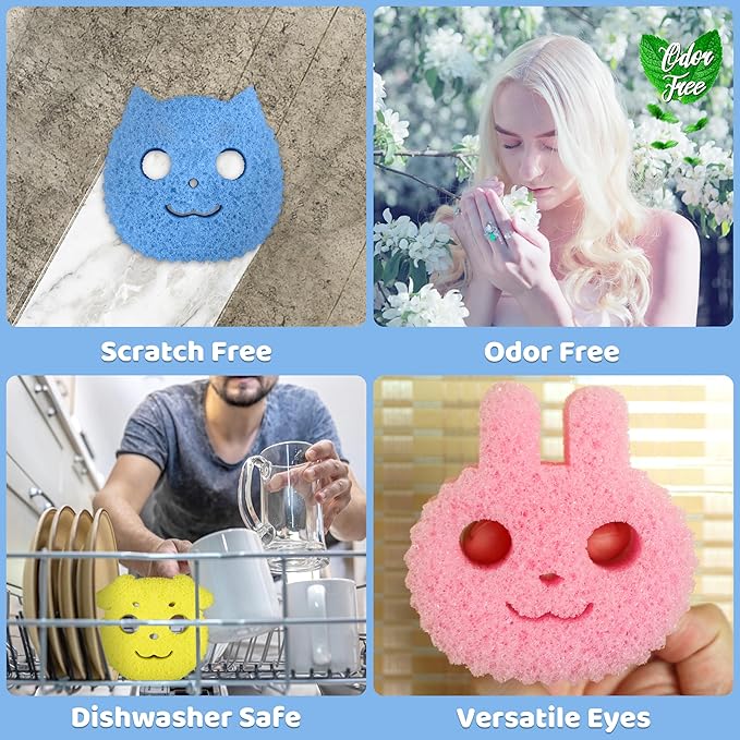 Scrub Family Functional Sponge Scrubber Set - Daddy Mommy Daily Scrub Sponge, Smiley Happy Face, Firm in Cold and Soft in Warm, Scratch Free, No Odor, 3 Cute Animal Patterns (3ct)