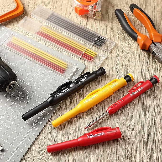 Hiboom 3 Pack Solid Carpenter Pencils with Pencil Cap and 21 Pcs Refills, Deep Hole Mechanical Pencil Marker with Built in Sharpener for Carpenter Woodworking Architect