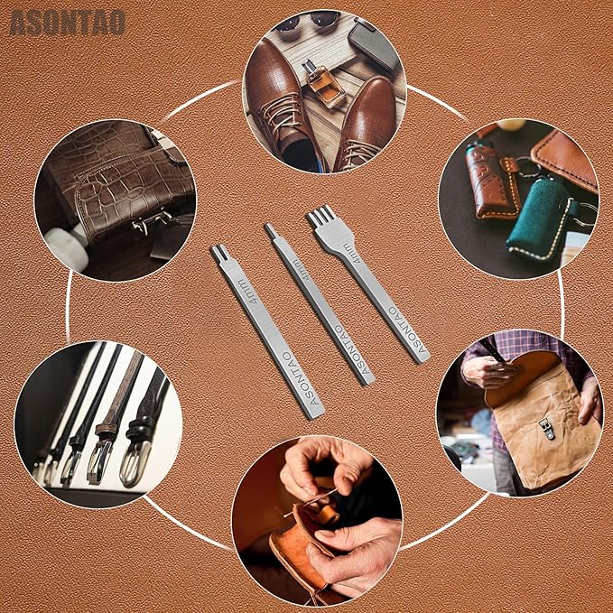 Professional Leather Stitching Chisel Set | 4mm White Steel Diamond Lishing Tools with 1/2/4 Prong & Hole Punch | Industrial-Grade Leather Craft Kit for Belts, Bags, Saddlery - ASONTAO