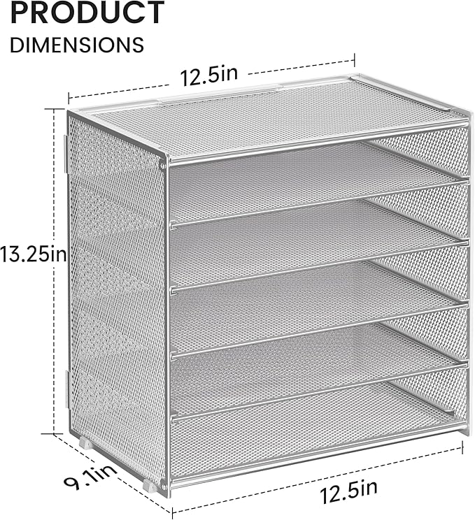 6 Tier Paper Organizer, Metal Mesh Desk File Folder, Letter Tray Organizer, Paper Sorter Desk Organizers for Office, Home or School File Folder Holder - Silver