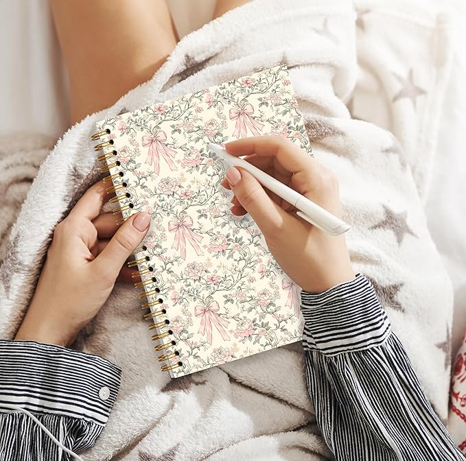 Coquette Pink Bow Spiral Notebook, Vintage Chinoiserie Floral Notebooks for Note Taking, Trendy Preppy Journals for Writing, Girly Aesthetic Journal Journaling, 5.5x8.3 Inch