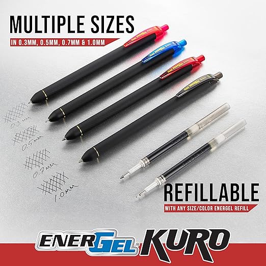 Pentel EnerGel Kuro Liquid Gel Pen, 0.7mm, Medium line, Assorted Ink, 12-Pk (BL437R1BP12M1)