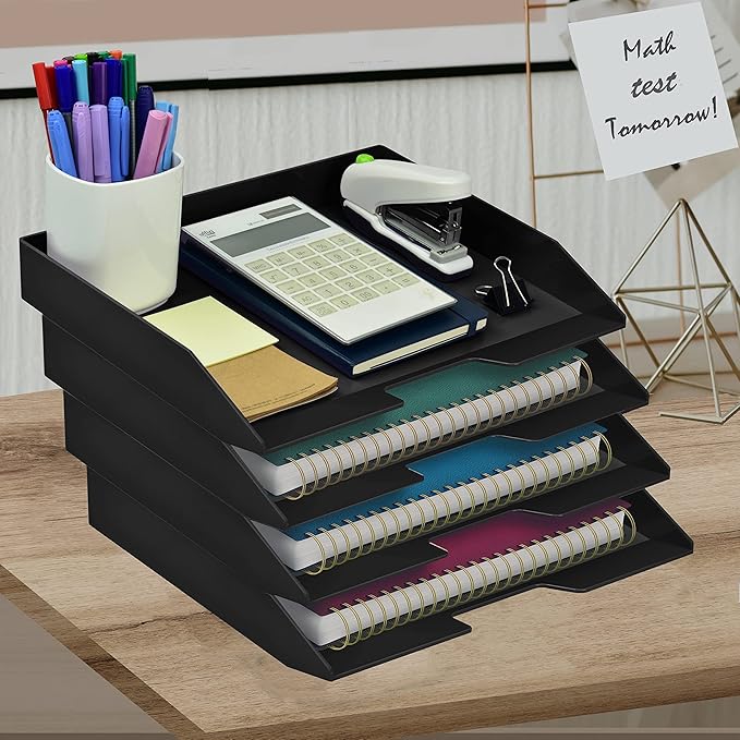 Acrimet Stackable Letter Tray 4 Tier Side Load, Plastic, Desktop File Organizer (Black Color)