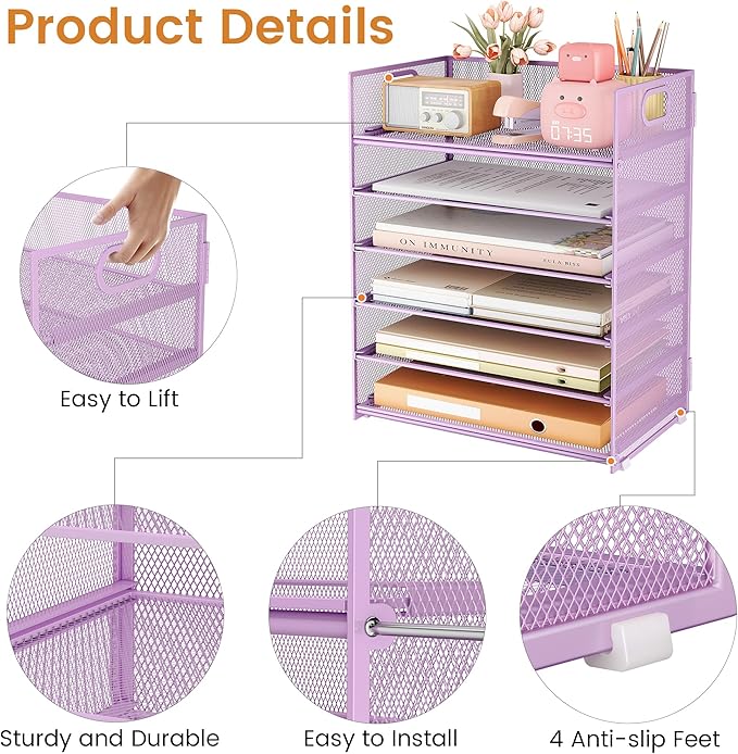 Subekyu 6-Tier Desk Paper Organizer, Desktop File Letter Tray with Handle, Document Sorter and Accessories Holder for Office, Home and School Workspace Organizers, Purple-2 Pack
