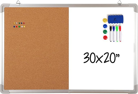 Combination Whiteboard Bulletin Board Set - Dry Erase/Cork Board 30x20 in with 1 Magnetic Dry Eraser, 4 Markers, 4 Magnets and 10 Thumb Tacks - Combo Tack Board White Board for Home Office Desk