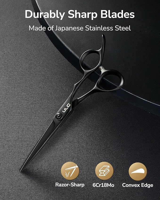 ULG Hair Cutting Scissors, Ultra Sharp Stainless Steel Blades, Matte Black Teflon Coated, Comfortable Offset Handle, Easy-to-Use Shears for Trimming, Shaping, At Home Haircuts Like a Pro, 7-Inch