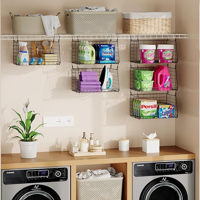 3-Pack Hanging Laundry Room Organizaton (No Shelve Included)：Foldable Laundry Wire Basket with 360°Rotating Hooks Small Space Organization Over Washer and Dryer Shelves, Closet Organizer, Black Patent