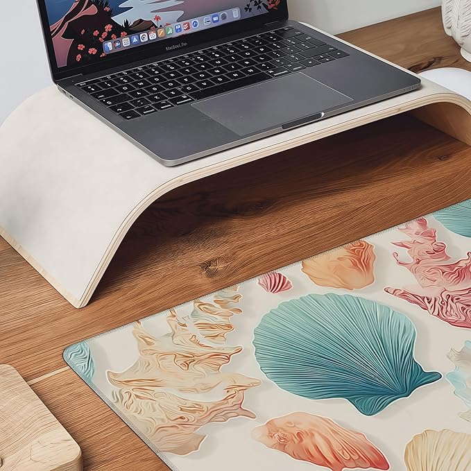 Ocean Themed Mouse Pad, XXL Seashell Desk Mat, Summer Beach Design, 35.4 x 15.8 inches,Girly Summer Coastal Gaming Pads,Girly Laptop Desk Mat
