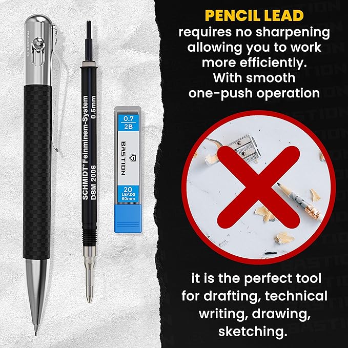 BASTION® Luxury Mechanical Pencil, Professional Medium Point Pencil for Birthday Gift includes 20 x 0.77mm Lead Refills - Carbon Fiber Stainless Steel