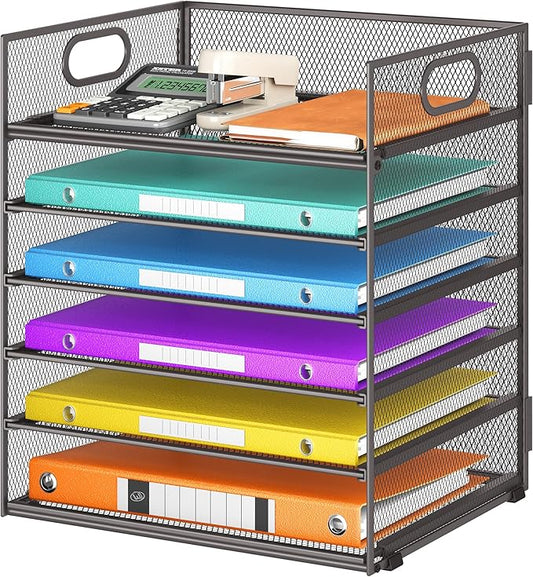 6 Tiers Letter Tray Paper Organizer With Handle, Mesh Desk File Organizer, Metal Desktop Document Shelf, Paper Sorter for Office, Home or School File Folder Holder - Grey