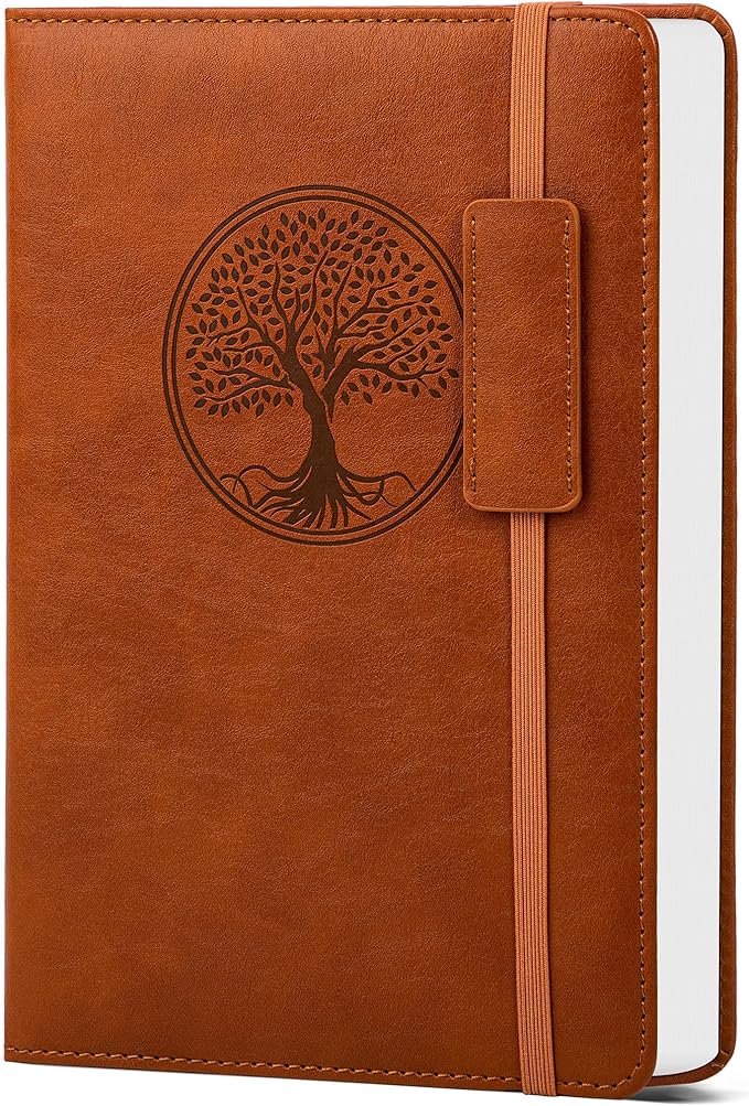 CAGIE Leather Lined Journal Notebooks for Work Tree of Life Journals for Writing, College Ruled Notebook with 256 Pages, 5.7"x8.3", Brown