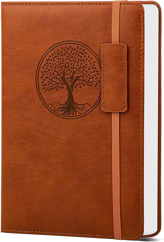CAGIE Leather Lined Journal Notebooks for Work Tree of Life Journals for Writing, College Ruled Notebook with 256 Pages, 5.7"x8.3", Brown