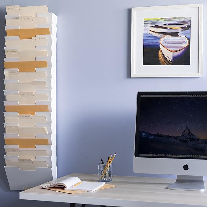 Wallniture Lisbon 15-Tier Wall Mounted File Holder and Desk Organizer, Metal White Office Organization and Storage Rack
