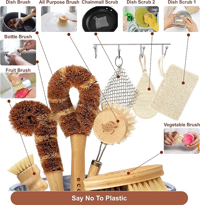 ecozoi Bamboo Dish Brush Set – 9 Piece Wooden Dish Brush for Dishes, Pots, Pans & Bottles – Eco Friendly Cleaning Set with Coconut & Sisal Bristles – Plastic-Free, Durable & Sustainable Kitchen Tools