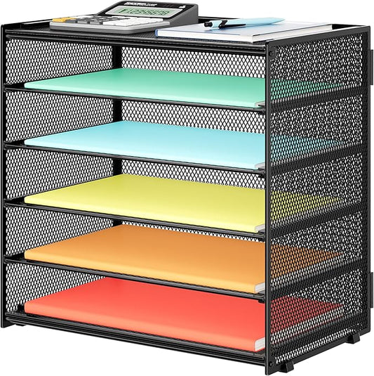 Paper Organizer Storage for Desk Accessories & Workspace Organizers 6 Tier Letter Tray Desk File Organization Metal Mesh Paper Sorter for Office-Black
