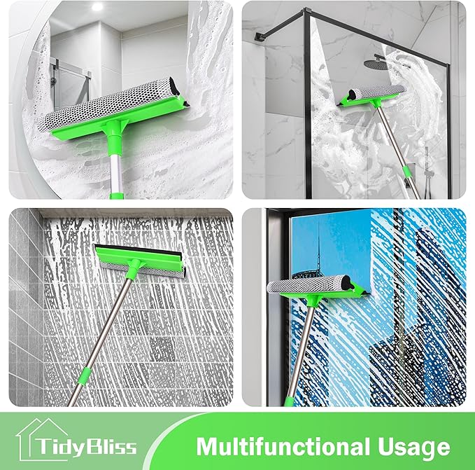 TidyBliss Window Squeegee Professional, 56” Car Windshield Glass Cleaner Tool with Extension Pole, Long Handle Household 10 inches Washer Sponge Scrubber Kit for Cleaning Home Mirror Outdoor (Green)