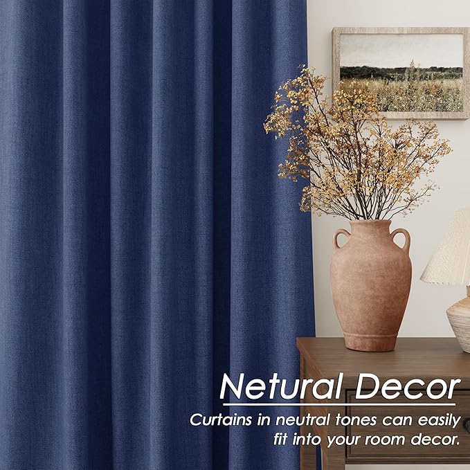 Nanspring 100% Blackout Curtains 2 Panels Set Classic Blue Window Curtains 102 Inches Long Cotton Textured Linen Thermal Insulated Noise Reducing Flax Linen Drapes for Living Room and Nursery 52x102