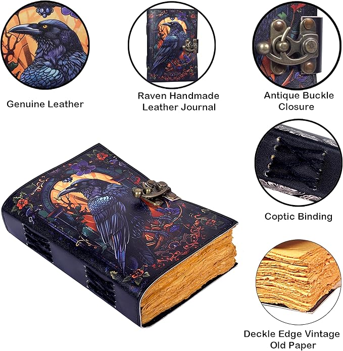 Leather Gothic Journal Magical Raven Notebook Blank Spell book of shadows Mystery Crow Journal Grimoire Witchcraft notebook Journal Great for Halloween and Raven Lovers Aesthetic Leather Journal gifts for Men and Women (7x5 Inches)