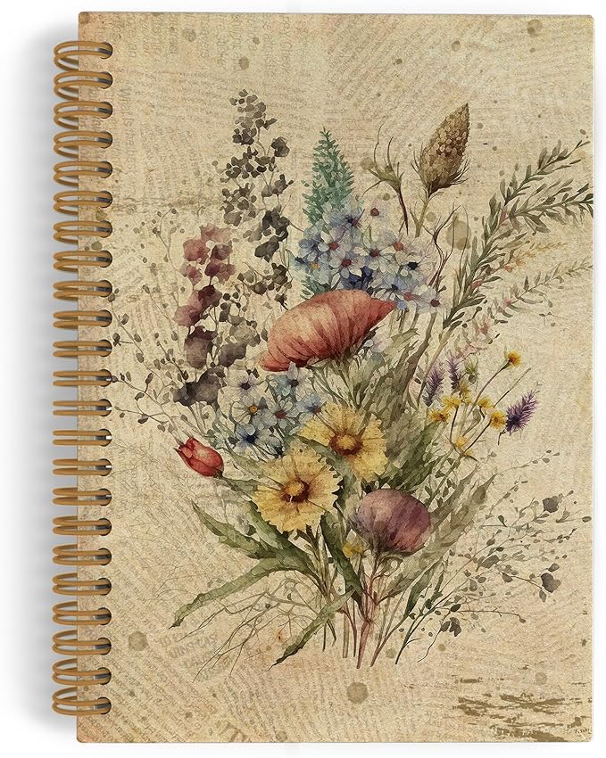 Vintage Floral Spring Spiral Notebook, Flower Journal Notebook, Floral Journal, Retro Floral Plant Notebooks for School Work, Boho Botanical Office Supplies Gifts for Women Men, 5.5x8.3 Inch