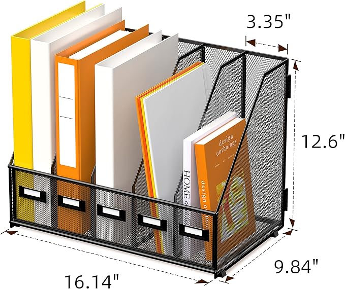 DALTACK Desk Organizers Metal Magazine File Holder with 5 Vertical Compartments Folder Storage Binder Organizer for Office Home School Organization, Black