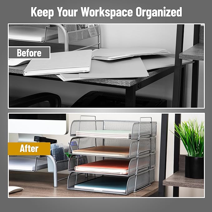 Mind Reader Stackable Paper Tray, Desktop Organizer, File Storage, Office, Metal Mesh, 10.5" L x 13.5" W x 11.25" H, 4 Pcs., Silver