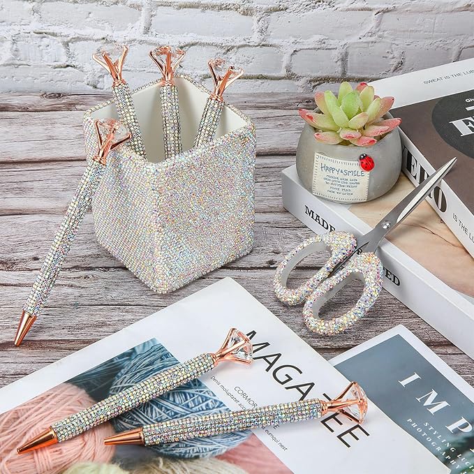 Qilery 8 Pcs Bling Desk Accessories Gift with 1 Bling Pen Holder 6 Pcs Crystal Rhinestone Pens 1 Crystal Scissors Glitter Makeup Brush Holder Vanity Decor Organizer(Multicolor)