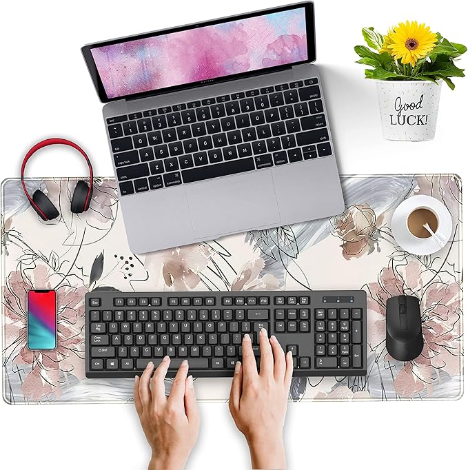 Desk Mat, Abstraction Hand Painted Flowers Extended Gaming Mouse Pad (31.5x15.75 in), Cute Large Non-Slip Rubber Base Mousepad with Stitched Edges, Keyboard Mouse Mat Desk Pad for Game Office