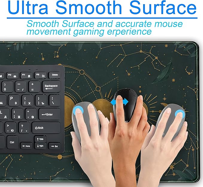 Dark Academia Mousepad Forest Green XXL Desk Mat Gold Moon Phases Large Extended Mouse Pad Gaming Laptop Keyboard and Mouse Mat Desk Pad, Non-Slip Rubber Base with Stitched Edges, 31.5x15.75 in
