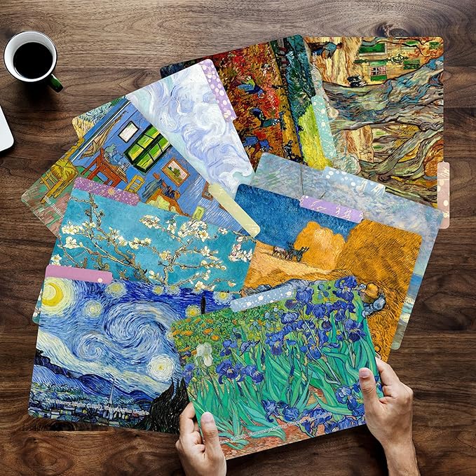 PARTH IMPEX 12 Pack Vincent Van Gogh Decorative File Folders, 1/3 Cut Tab with Assorted Positions, Letter Size Paper Holders (9.37” x 11.75”) Matte Finish Laminated for Office School Work