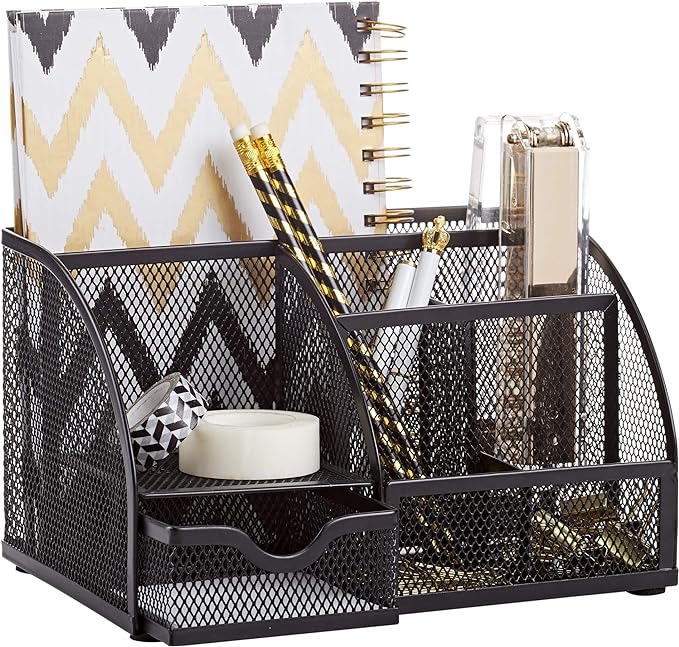 Annova Mesh Desk Organizer Office with 7 Compartments + Drawer/Desk Tidy Candy/Pen Holder/Multifunctional Organizer (Black)