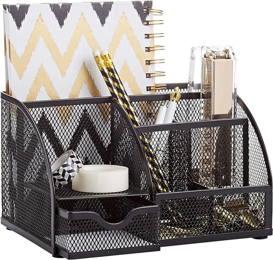 Annova Mesh Desk Organizer Office with 7 Compartments + Drawer/Desk Tidy Candy/Pen Holder/Multifunctional Organizer (Black)