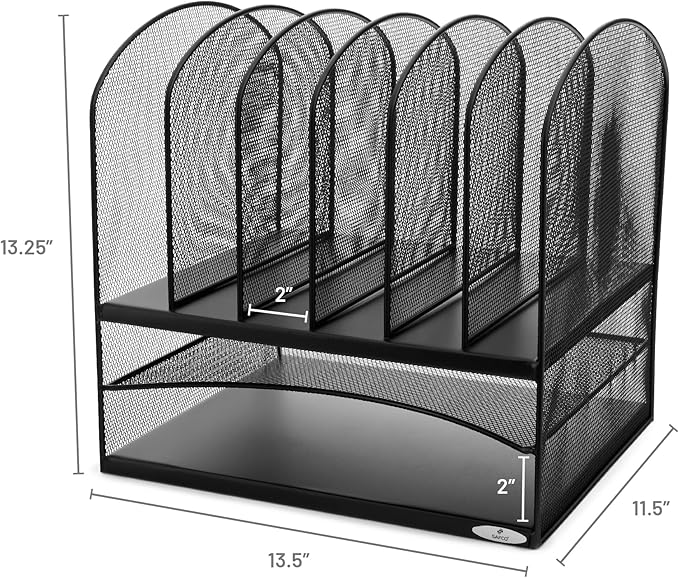Safco Onyx Desk Organizer, 6 Vertical Compartments and 2 Trays, Office and Classroom Mailbox , Paper and Mail Sorter, Steel Mesh, Black