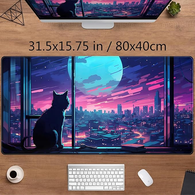 Cool Purple Kawaii Anime Moom Cat Desk Mat XXL Large Gaming Mouse Pad, Cute City Cats Desk Pad for Gamer Girl Women Office Desk Decor Mousepad, Computer Laptop Keyboard and Mouse Mat 31.5x15.75 in