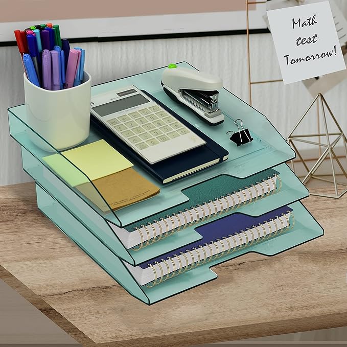 Acrimet Stackable Letter Tray 3 Tier Side Load, Plastic, Desktop File Organizer (Clear Green Color)