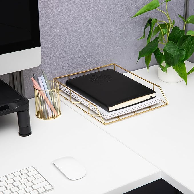 Mind Reader Gold Geometric Paper Tray, Modern Organizer for Documents, Folders, and Office Supplies, Durable and Stylish, Metal, 10" L x 12.25" W x 2" H, Gold
