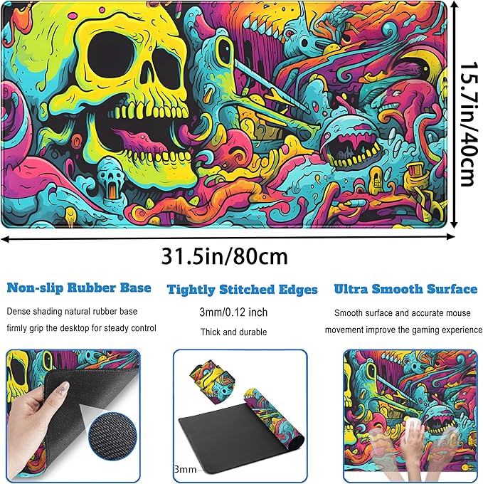 Gaming Desk Mat Skull Desk Pad Extended Mouse Pad XXL, Cool Mouse and Keyboard Mat Big Desktop Mats for Desk, Laptop Mat with Non-Slip Base & Stitched Edges, Office Decor for Men 31.5" x 15.7"