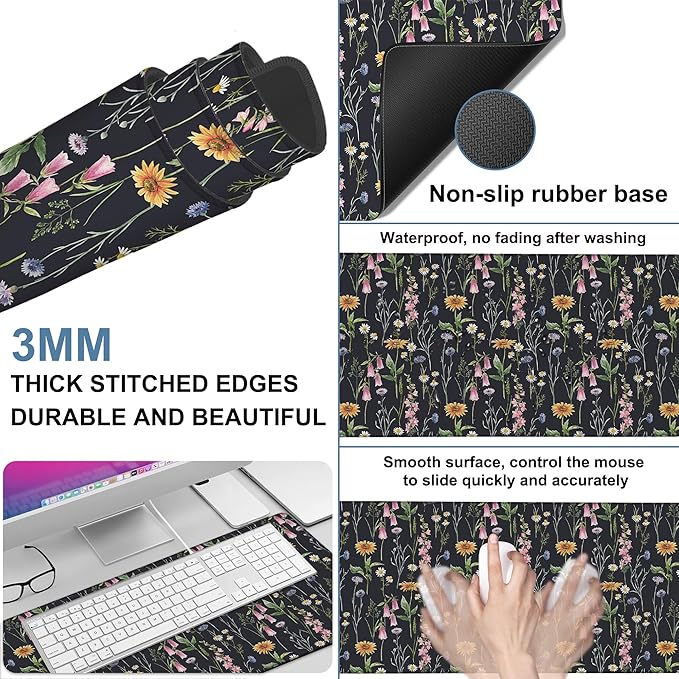 Large Mouse Pad Field Flowers Gaming Desk Pad Computer Keyboard Non-Slip Waterproof Mouse Mat with Rubber Base and Stitched Edges Entertainment Office Writing Desk Mat 35.4 x 15.7 Inches