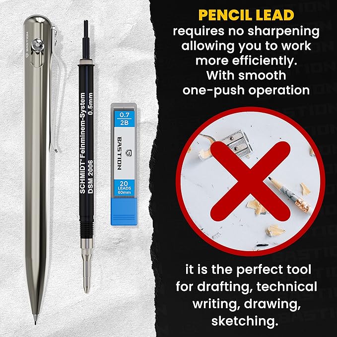 BASTION® Luxury Mechanical Pencil, Durable Professional Medium Point Pencil for Birthday Gift includes 20 x 0.77mm Lead Refills - Titanium