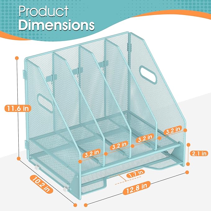 Desk File Folder Holder Organizer-4 Vertical Compartments Racks and Paper Letter Tray,Mesh Magazine File Holder Sorter,Desktop Accessories & Workspace Organizers for Home,Office,School-Blue