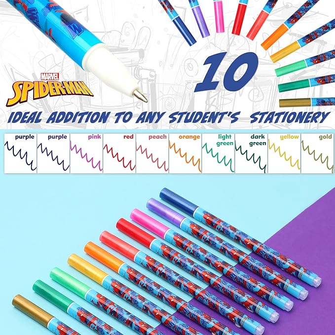 Disney Metallic Gel Pens for Kids, Colored Pens Pack of 10 School Supplies - Kids Gifts (Multi Spiderman)