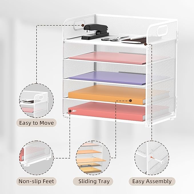 Supeasy 5 Trays Paper Organizer Letter Tray with Handle-Mesh Desk File Organizer, Paper Sorter Desk Organizer for Office, Home or School
