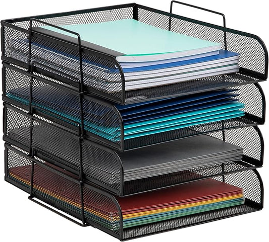 Mind Reader Stackable Paper Tray, Desktop Organizer, File Storage, Office, Metal Mesh, 10.5" L x 13.5" W x 11.25" H, 4 Pcs., Black