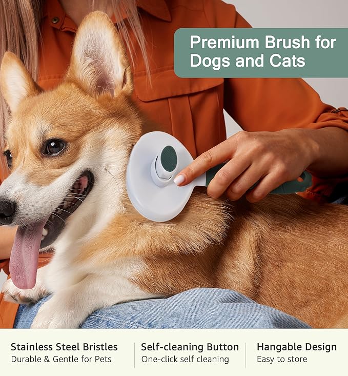 IPTPAS Pet Self-Cleaning Slicker Brush for Dogs & Cats, Deshedding Grooming Comb, Removes Loose Undercoat Hair & Mats, Skin-Friendly Massaging Tool for Long/Short Fur, Large & Small Breeds (Green)